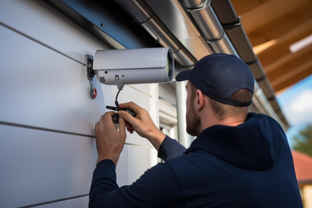 Technician installing security camera work and security concept Generative AI