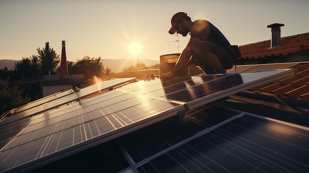 Technician installing solar panels on the roof Generative Ai