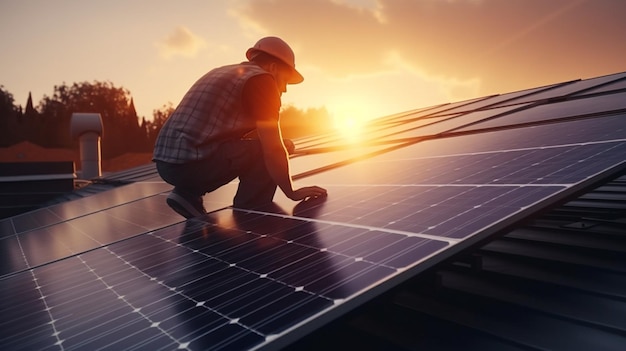 Technician installing solar panels on the roof Generative Ai