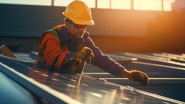 Technician installing solar panels on the roof of a solar power plantgenerative ai