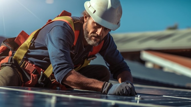 Technician installing solar panels on the roof of a solar power plantgenerative ai