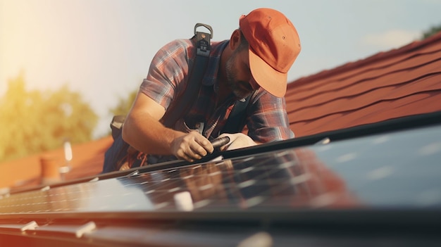 Technician installing solar panels on the roof of a solar power plantgenerative ai