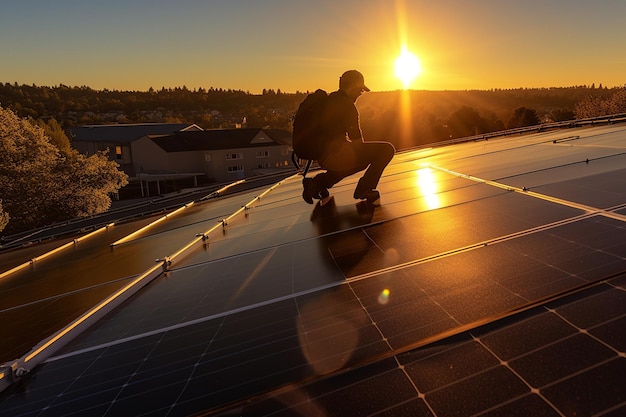 Technician installing solar panels on a rooftop under a bright blue sky wearing safety equipment w