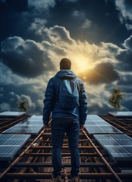 Photo technician installing solar panels on rooftop roof