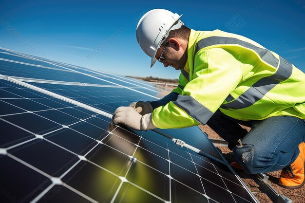 Technician Installing Solar Panels on a Sunny Day