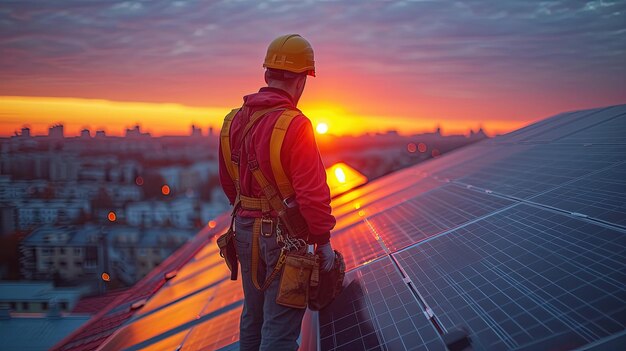 Technician Installing Solar Panels at Sunset on Urban Rooftop