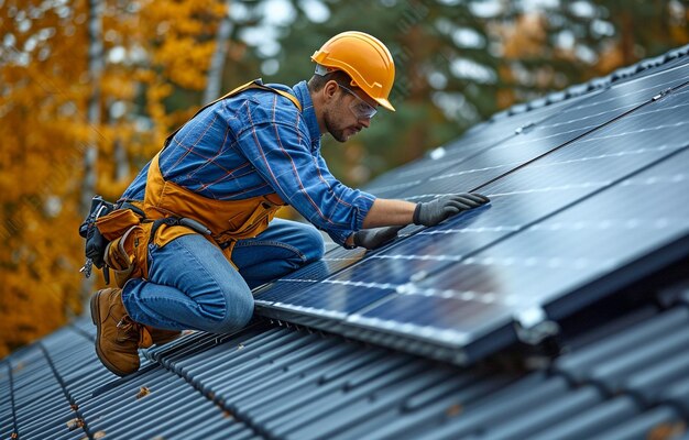 A technician installs photovoltaic solar modules on a houses roof