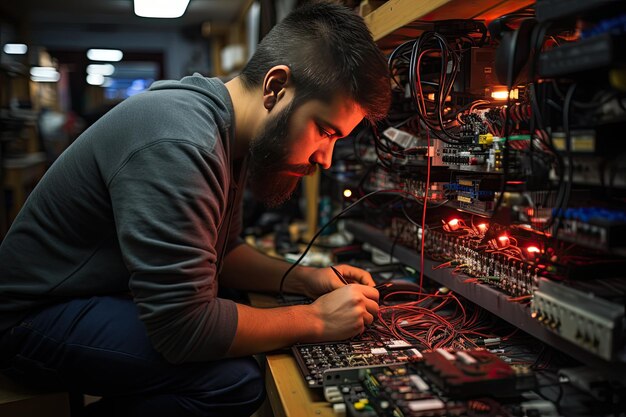 Foto il tecnico installa il router mentre la famiglia attende con ansia un'ia generativa