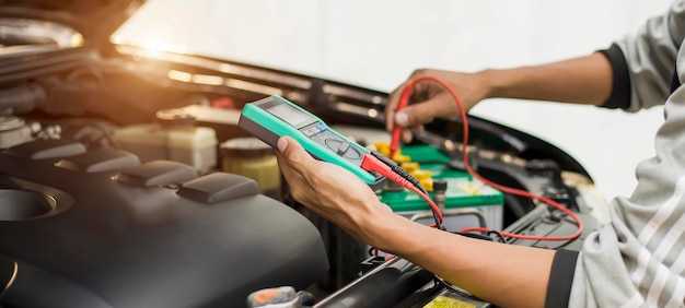 A technician is checking the car battery for availability