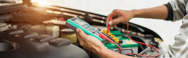 Photo a technician is checking the car battery for availability.