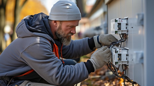 A technician is mounting a security camera on a wall