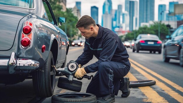 Technician is repairing car flat tire