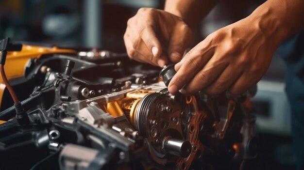 Technician male auto mechanic crossed arms in modern auto repair shop garage