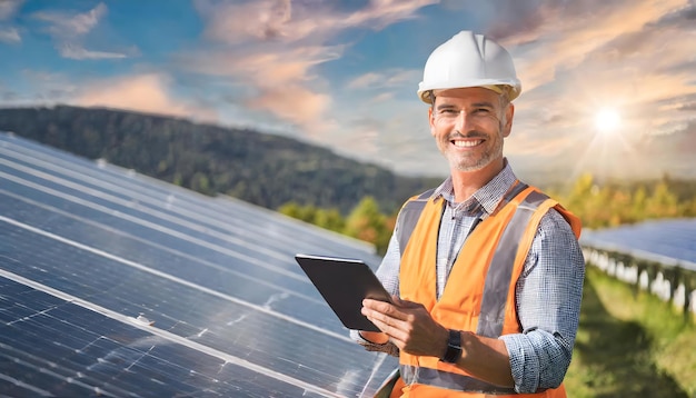 technician male checks the maintenance of panels at a solar station