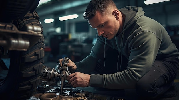 Technician meticulously inspects and replaces the car's CV joints ensuring smooth power transmission and stable wheel rotation for a safe and comfortable driving experience Generated by AI