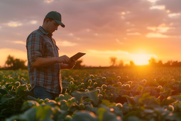 Technician Monitoring Crop Growth with Tablet at Sunset