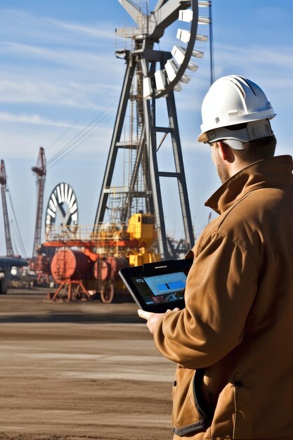 Foto tecnico che controlla le operazioni della pompa di olio con un tablet