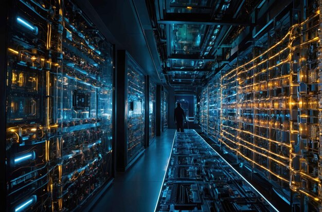 Technician observing server racks in a data center