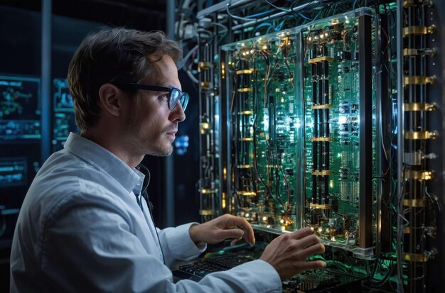 Photo technician observing server racks in a data center