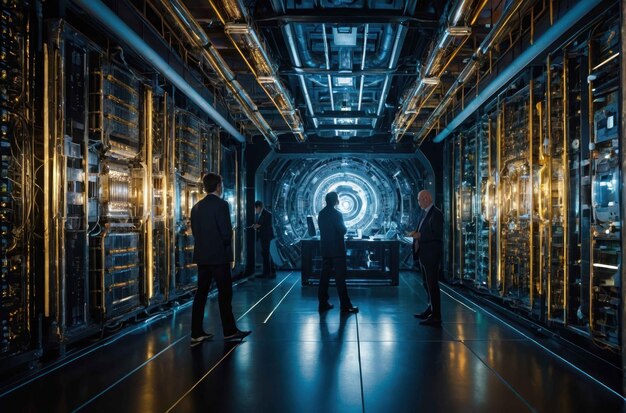 Technician observing server racks in a data center