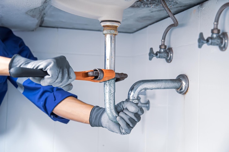 Photo technician plumber using a wrench to repair a water pipe under the sink