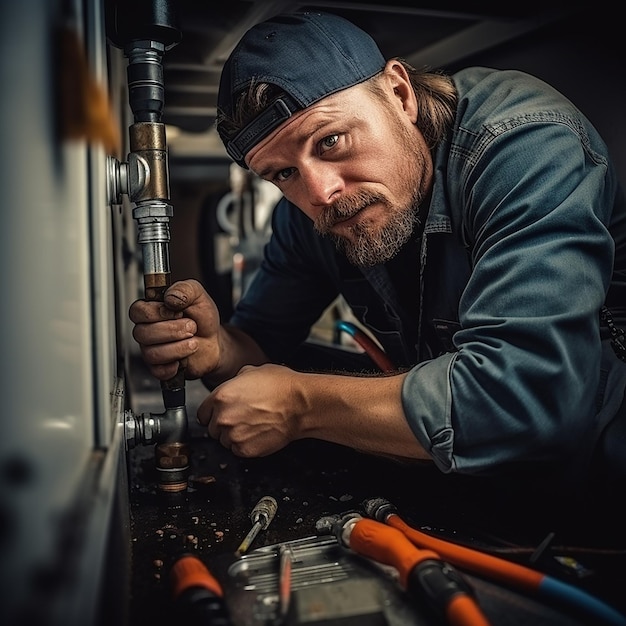 Technician Plumber Using a Wrench to Repair a Water Pipe