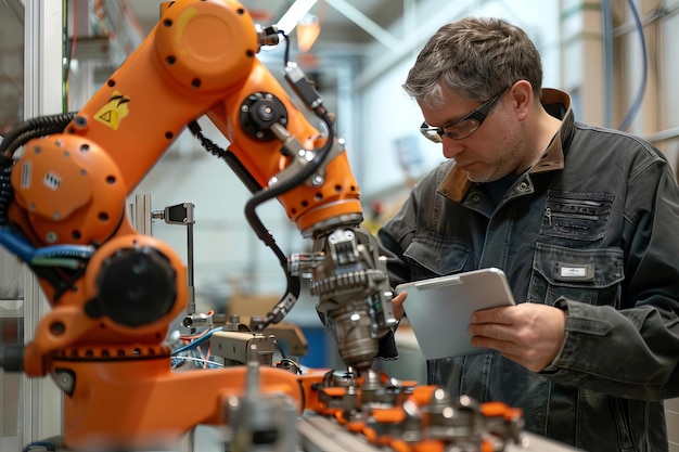 Premium Photo | A technician programming an industrial robot with a ...