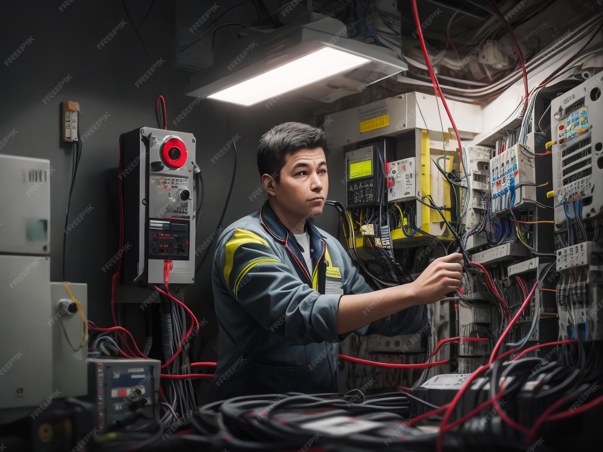 Premium Photo A technician puts fiber optic internet cables in a Premium Photo A technician puts fiber optic internet cables in a