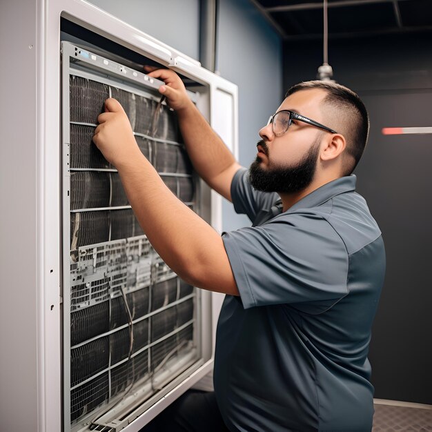 Photo technician repairing an air conditioner in a large data center
