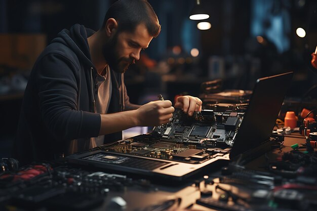 Technician repairing a computer at night Repair and maintenance concept