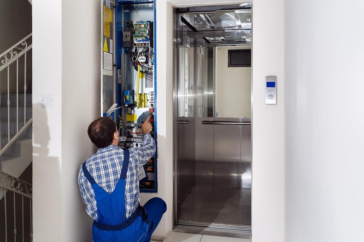 Photo technician repairing elevator