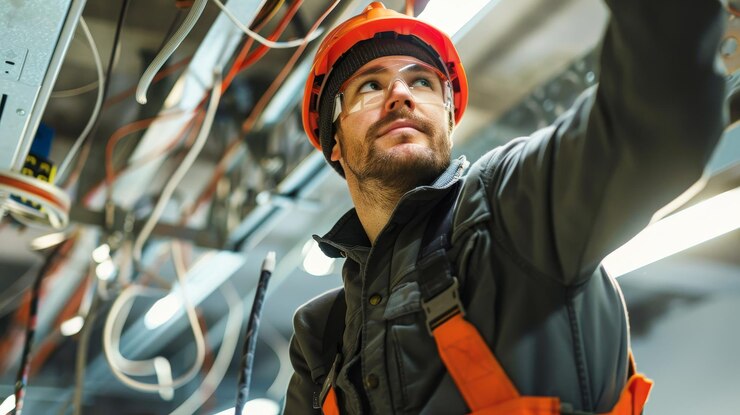 Technician Repairing Overhead Cables in Modern Office