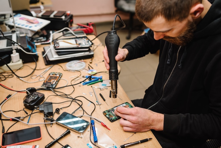 Photo the technician repairing the smartphone motherboard in the lab. concept of computer hardware, mobile phone, electronic, repairing, upgrade, technology. man showing process of phone repair in workshop.