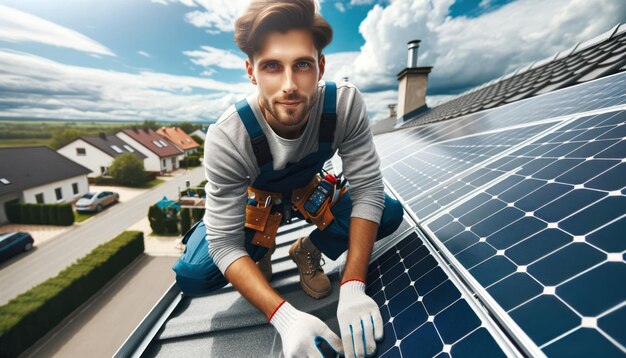 住宅の屋上で技術者が勤勉に太陽光パネルを設置している