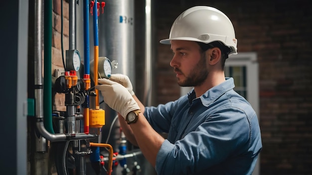 Technician servicing an hotwater heater man check equipment of the boilerhouse thermometer