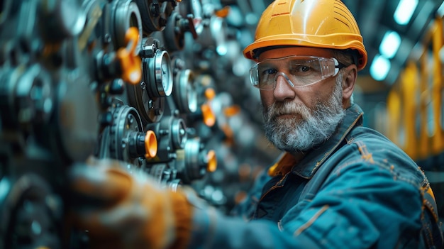 Photo a technician or staff member is checking the operation of an old machine with a remote control the worker is wearing a safety helmet as he works on the steel machine