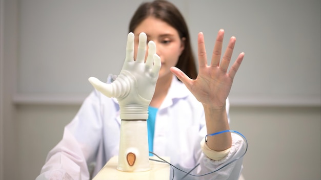 Technician testing robotic bionic arm at prosthetic manufacturing