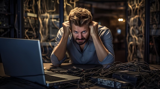 Photo technician troubleshooting server issues with his laptop