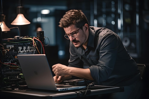 Technician troubleshooting server issues with his laptop