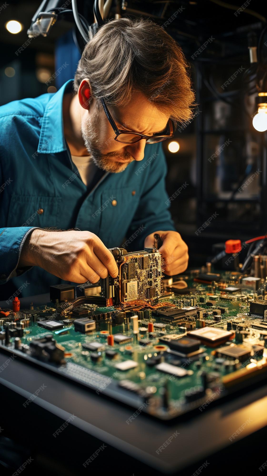 Premium AI Image A technician uses a soldering iron to fix the Premium AI Image A technician uses a soldering iron to fix the