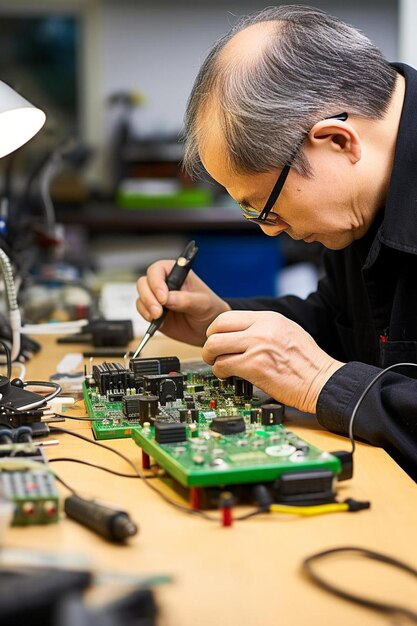 Technician using tool to measure circuit board check ... Circuit Diagram