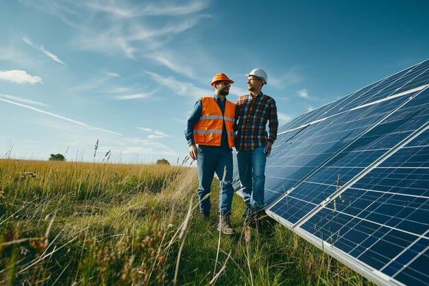 Technician walks with investor through field of solar panels