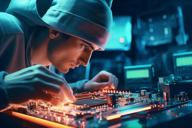 Photo technician with selective focus soldering a computer chip on a motherboard