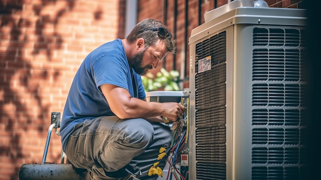 A technician working on air conditioning outdoor unit