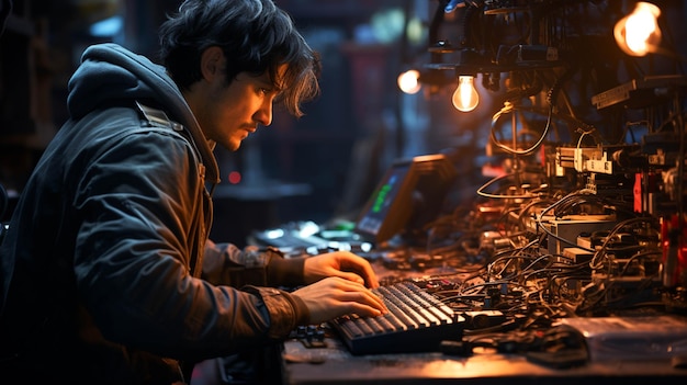 Technician working on a computer in a workstation