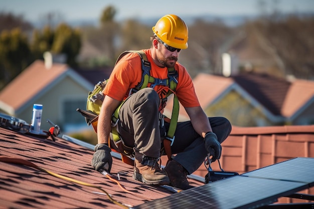 Technician working on installing new solar panels on a roof Generative AI