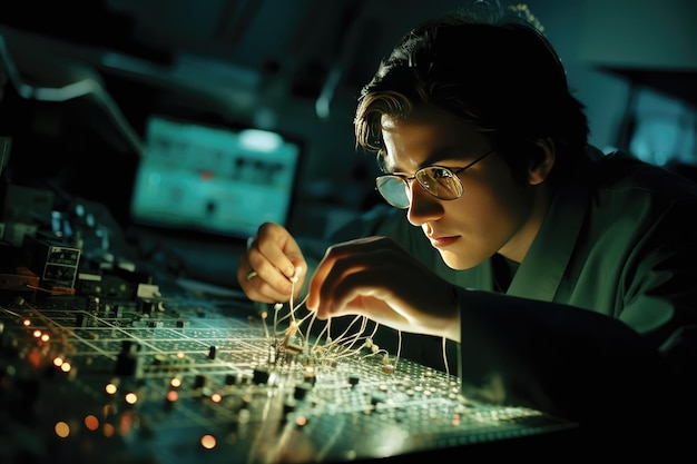 Фото Техник, работающий над сложным массивом электронных компонентов генеративный ии