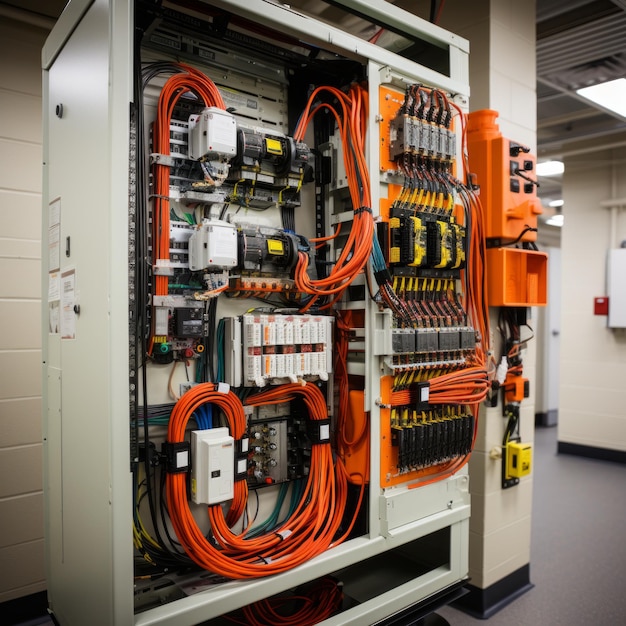 많은 전선 과 부품 이 있는 복잡 한 전기 제어 패널 을 작업 하는 기술자