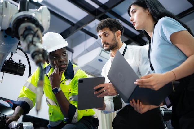 Technicians are introducing industrial hand robots to businessperson of factory industry