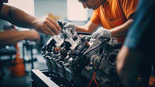 자동차 조립 공장 의 기술자 들 은 공장 내 의 생산 라인 에 자동차 의 엔진 을 설치 하고 스파크 를 용접 하고 있다